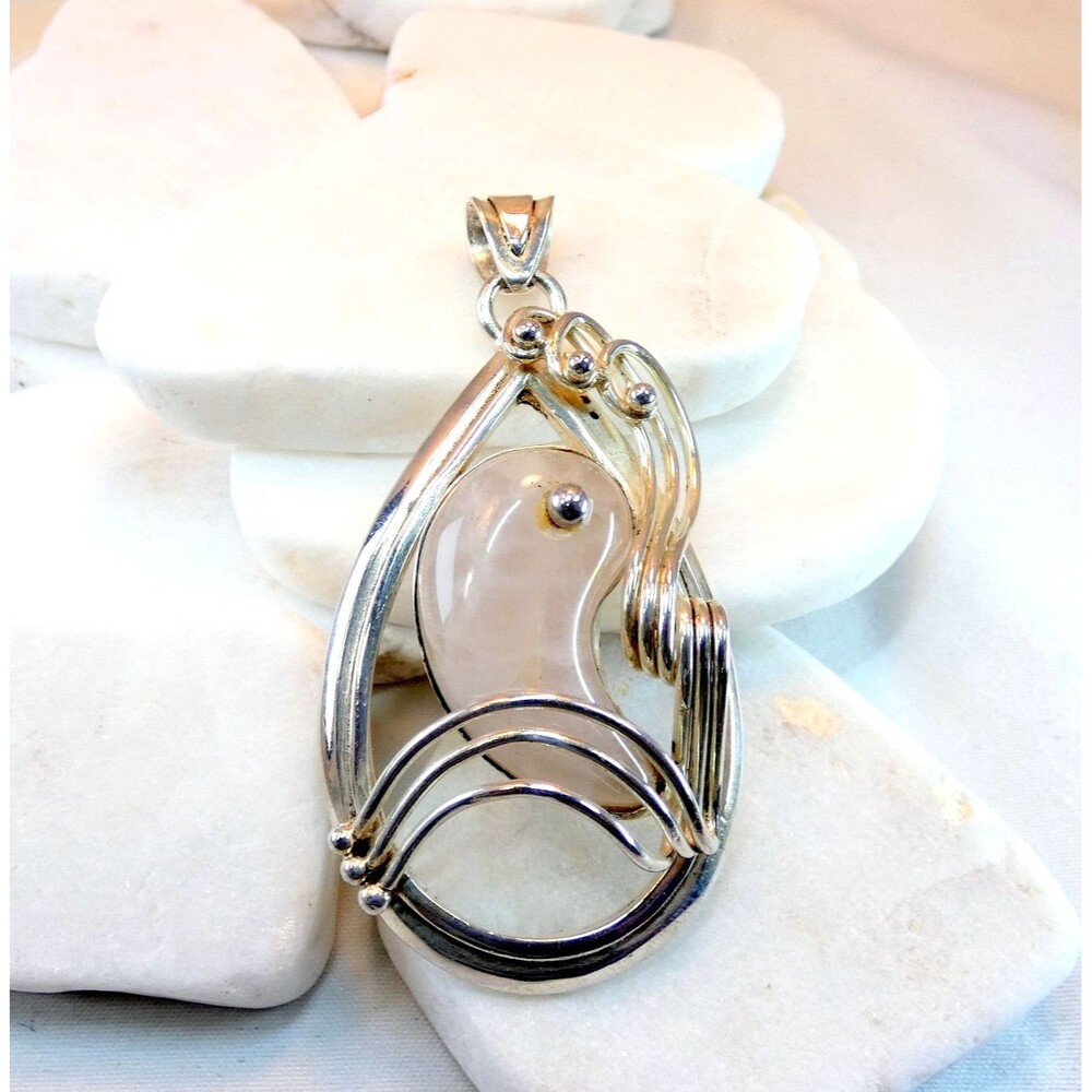 Sterling Silver Rose Quartz Gemstone Large Artisan Pendant Yin Yang 26g